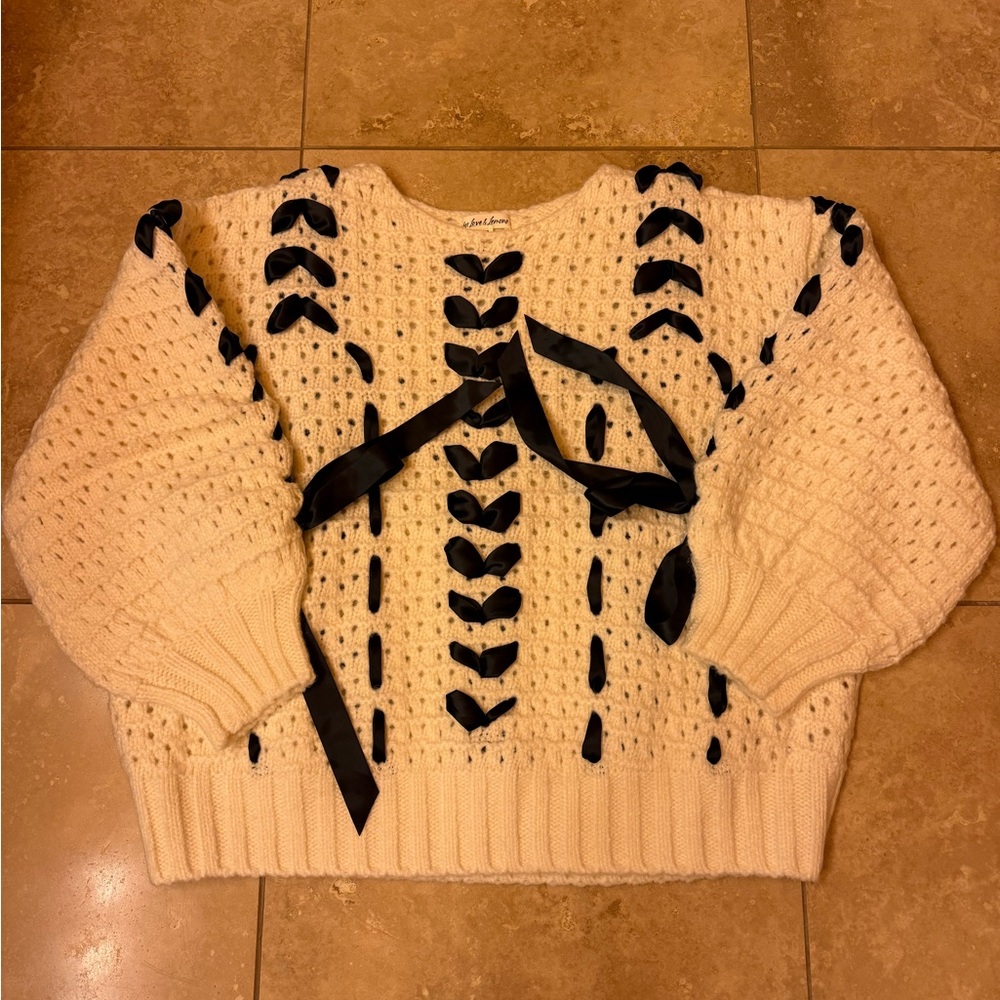For Love And Lemons Cream Sweater with Black Ribbon Details